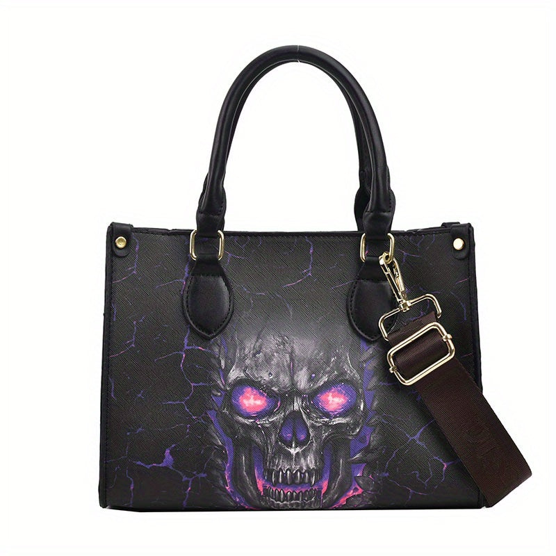 Large Capacity Gothic Skull Print Halloween Tote Bag with Zipper Closure, Women's Shoulder Bag for Spooky Season