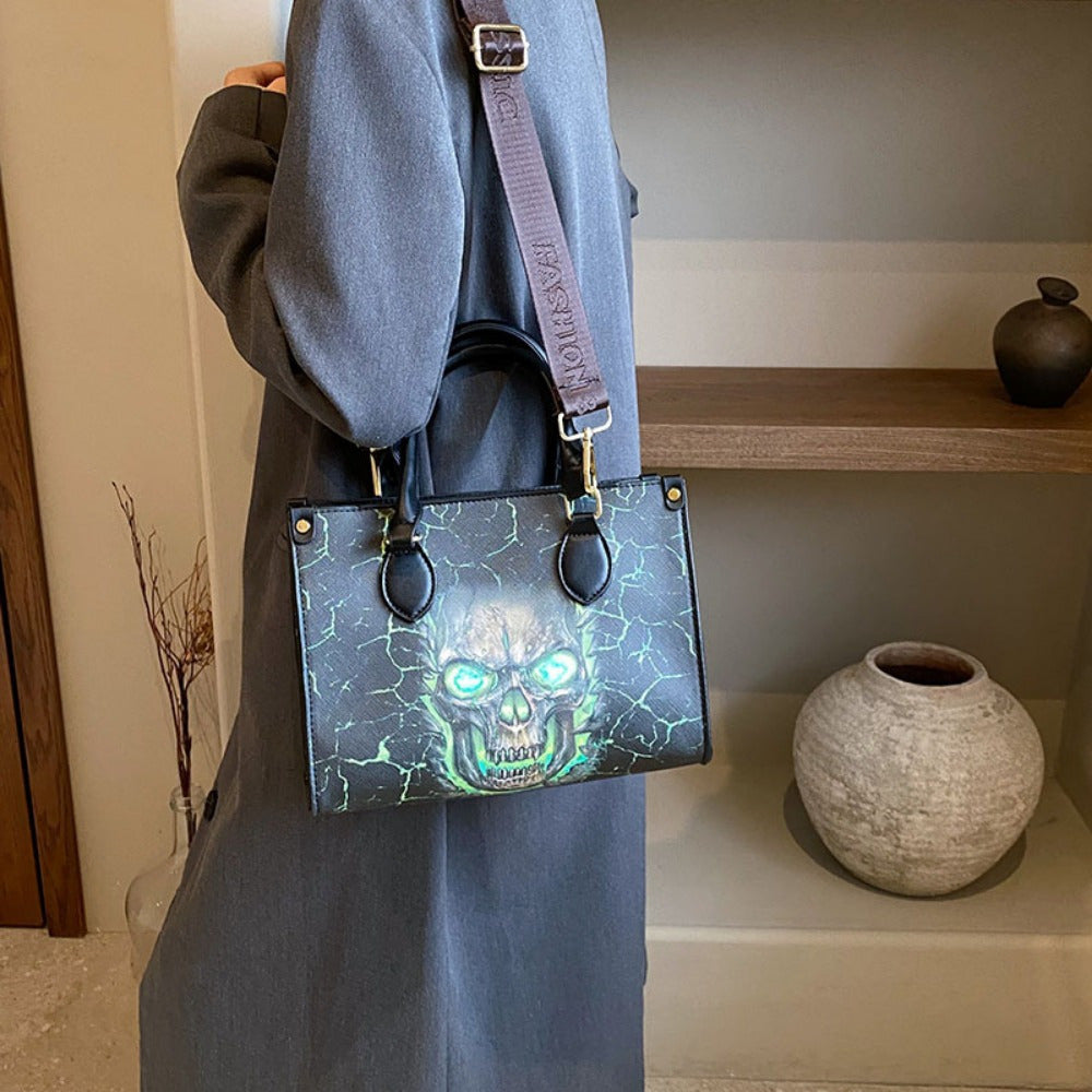 Large Capacity Gothic Skull Print Halloween Tote Bag with Zipper Closure, Women's Shoulder Bag for Spooky Season