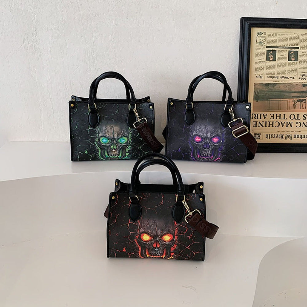 Large Capacity Gothic Skull Print Halloween Tote Bag with Zipper Closure, Women's Shoulder Bag for Spooky Season