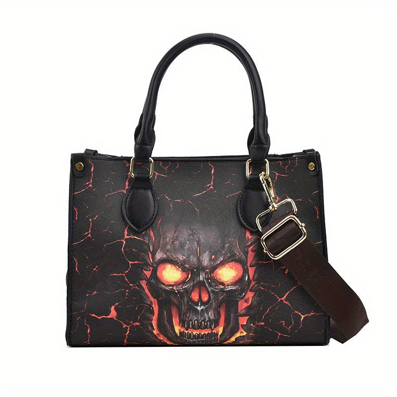 Large Capacity Gothic Skull Print Halloween Tote Bag with Zipper Closure, Women's Shoulder Bag for Spooky Season