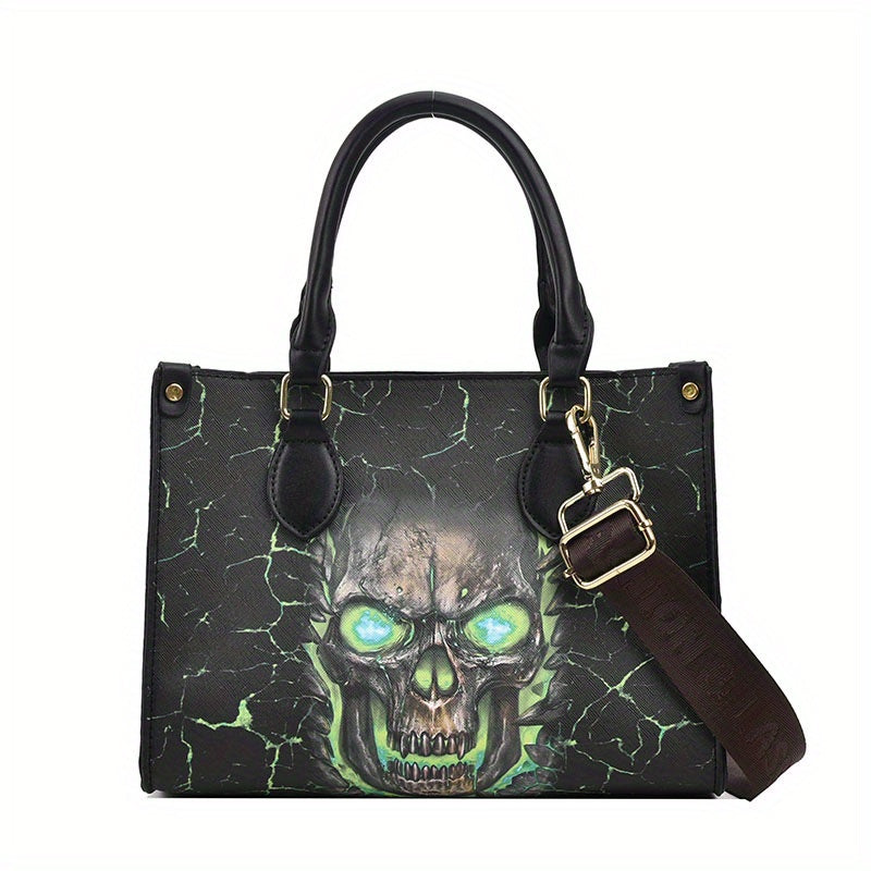 Large Capacity Gothic Skull Print Halloween Tote Bag with Zipper Closure, Women's Shoulder Bag for Spooky Season