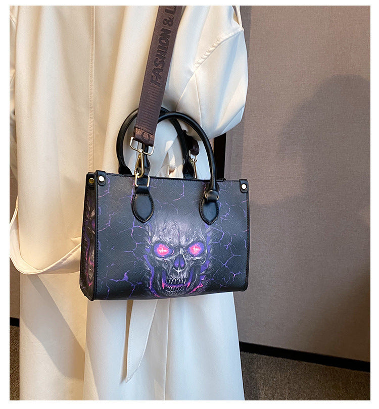 Large Capacity Gothic Skull Print Halloween Tote Bag with Zipper Closure, Women's Shoulder Bag for Spooky Season