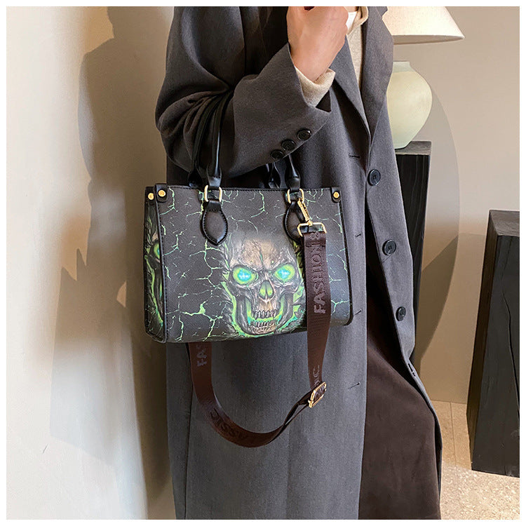 Large Capacity Gothic Skull Print Halloween Tote Bag with Zipper Closure, Women's Shoulder Bag for Spooky Season