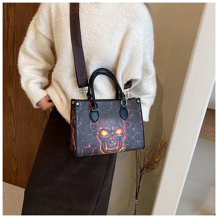 Large Capacity Gothic Skull Print Halloween Tote Bag with Zipper Closure, Women's Shoulder Bag for Spooky Season