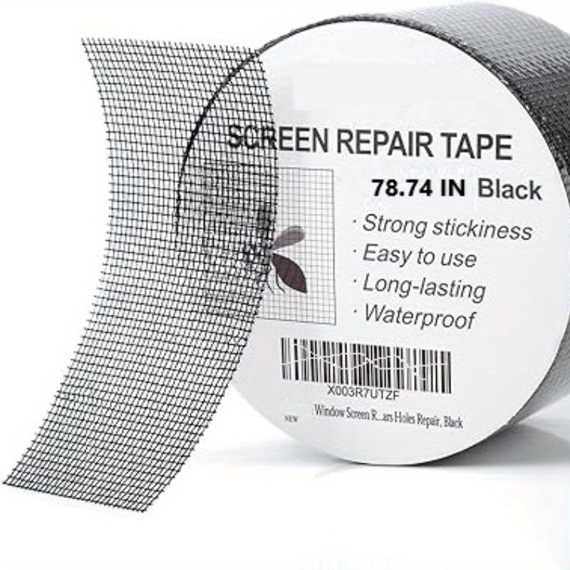 Strong Adhesive Screen Patch - 1pc Black Fiberglass Screen Repair Tape, 78.74IN - Waterproof Mesh Repair for Windows or Doors, Covering up Holes and Tears Instantly