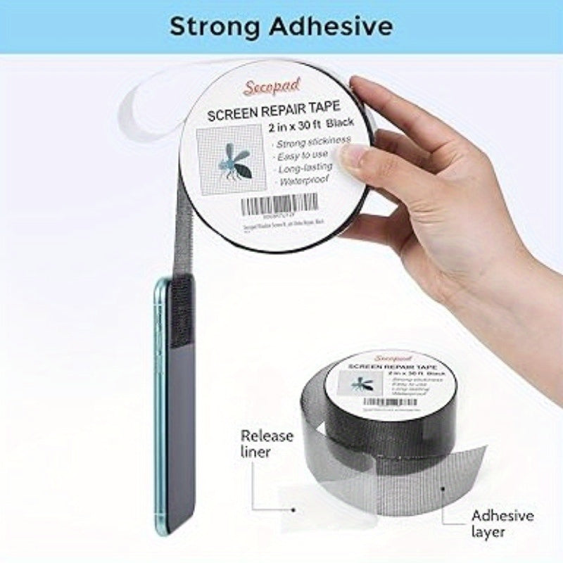 Strong Adhesive Screen Patch - 1pc Black Fiberglass Screen Repair Tape, 78.74IN - Waterproof Mesh Repair for Windows or Doors, Covering up Holes and Tears Instantly
