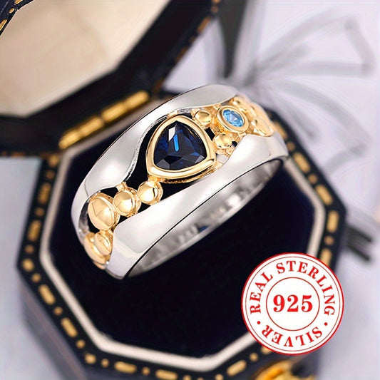 925 Sterling Silver Vintage Boho Two-color Ring Triangle Cut Artificial Synthetic Blue Gemstone Statement Ring For Women Party Daily Casual Wear Jewelry