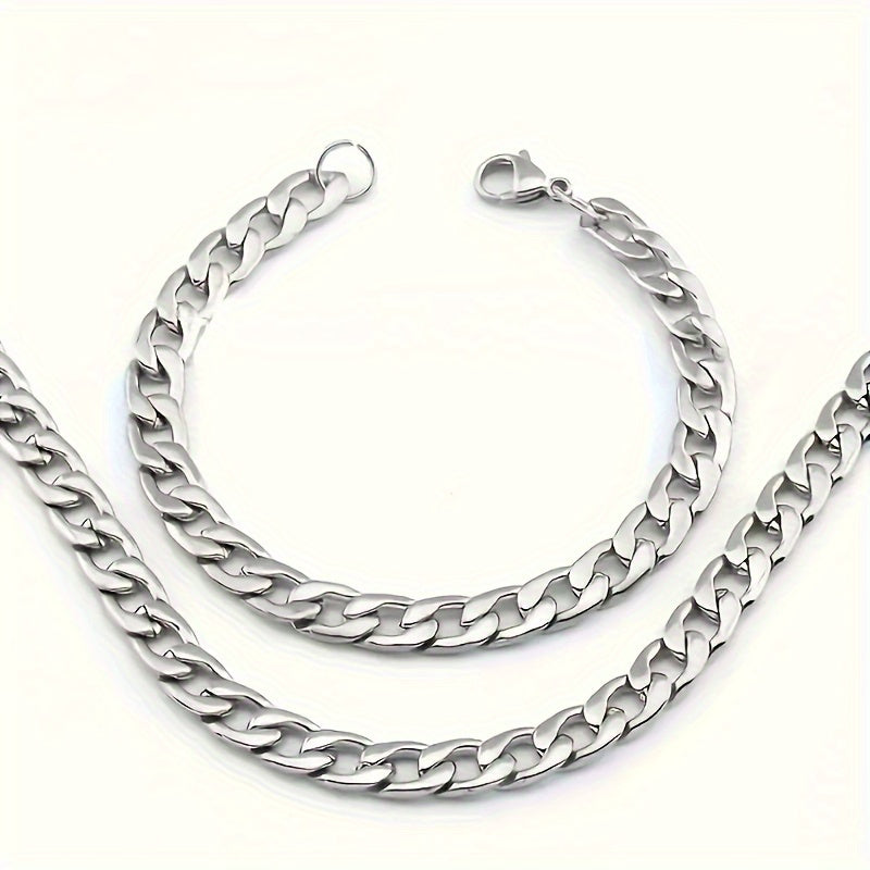 2pcs/ set Stainless Steel Men's Necklace And Bangle Set, Hip Hop Punk Couple Chain