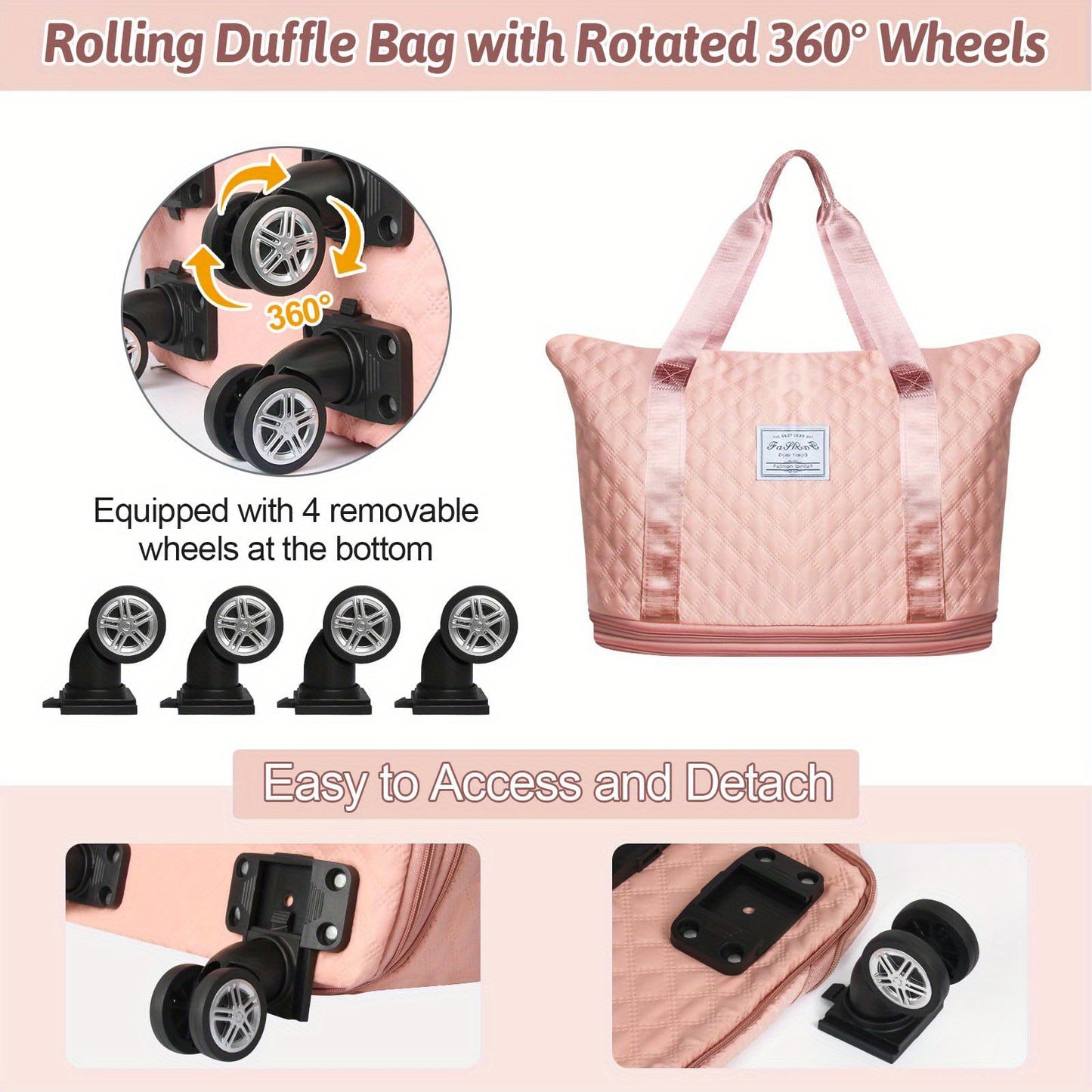 Foldable rolling luggage bag with wheels, detachable rolling carry on luggage, large suitcases for travel, business, camping, gifts for parents and spouses (pink)