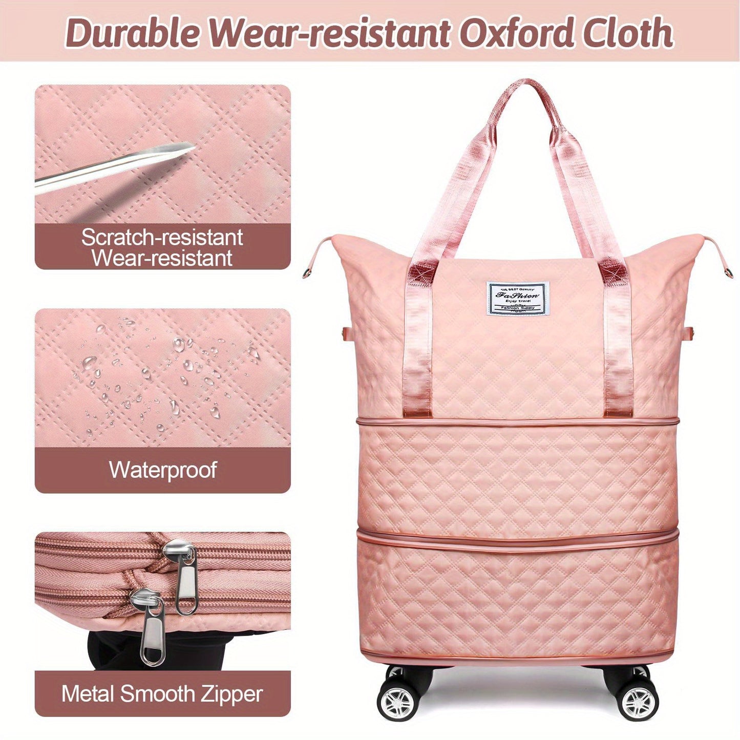 Foldable rolling luggage bag with wheels, detachable rolling carry on luggage, large suitcases for travel, business, camping, gifts for parents and spouses (pink)