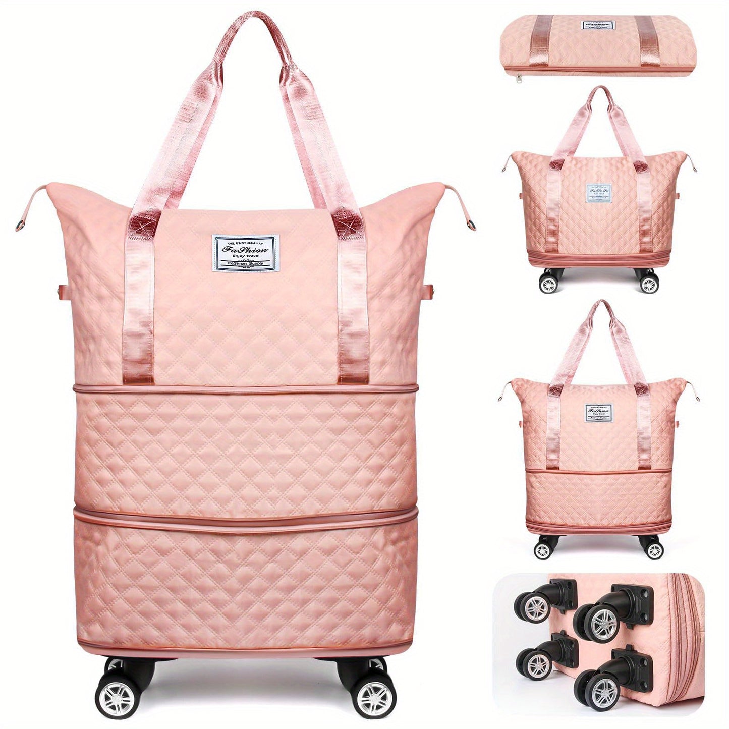 Foldable rolling luggage bag with wheels, detachable rolling carry on luggage, large suitcases for travel, business, camping, gifts for parents and spouses (pink)