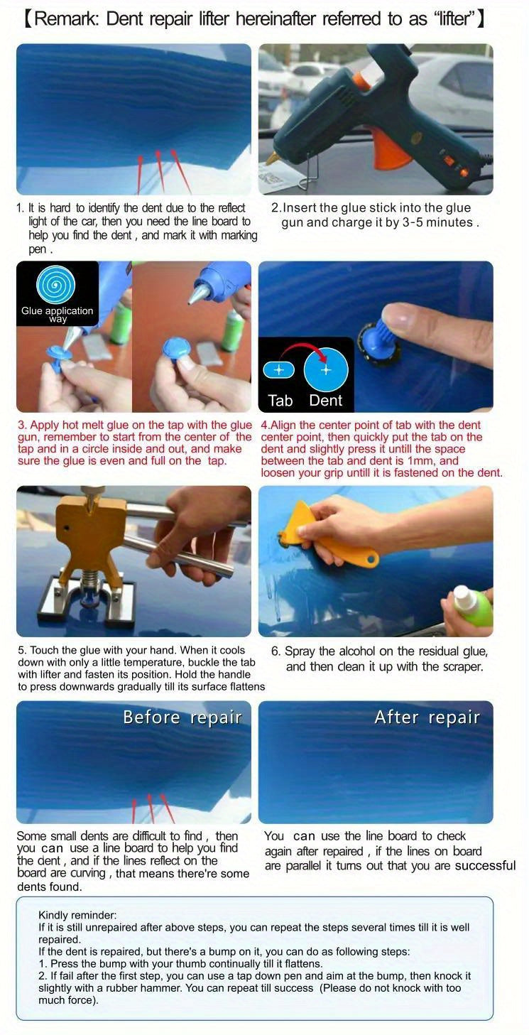 1pc Paintless Body Dent Repair Kit, Fix Car Dents Instantly - Paintless Body Dent Repair Kit with Puller Tabs Mats for Minor Damage