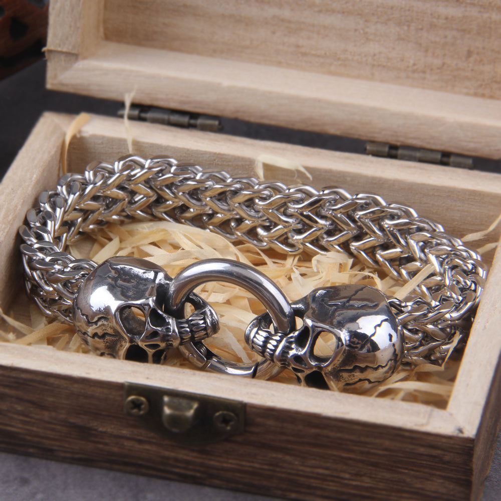 Stainless Steel Nordic Double Wolf Head Bracelet Men's Retro Punk Mesh Chain Animal Bracelet Hip Hop Rock Trend Jewelry