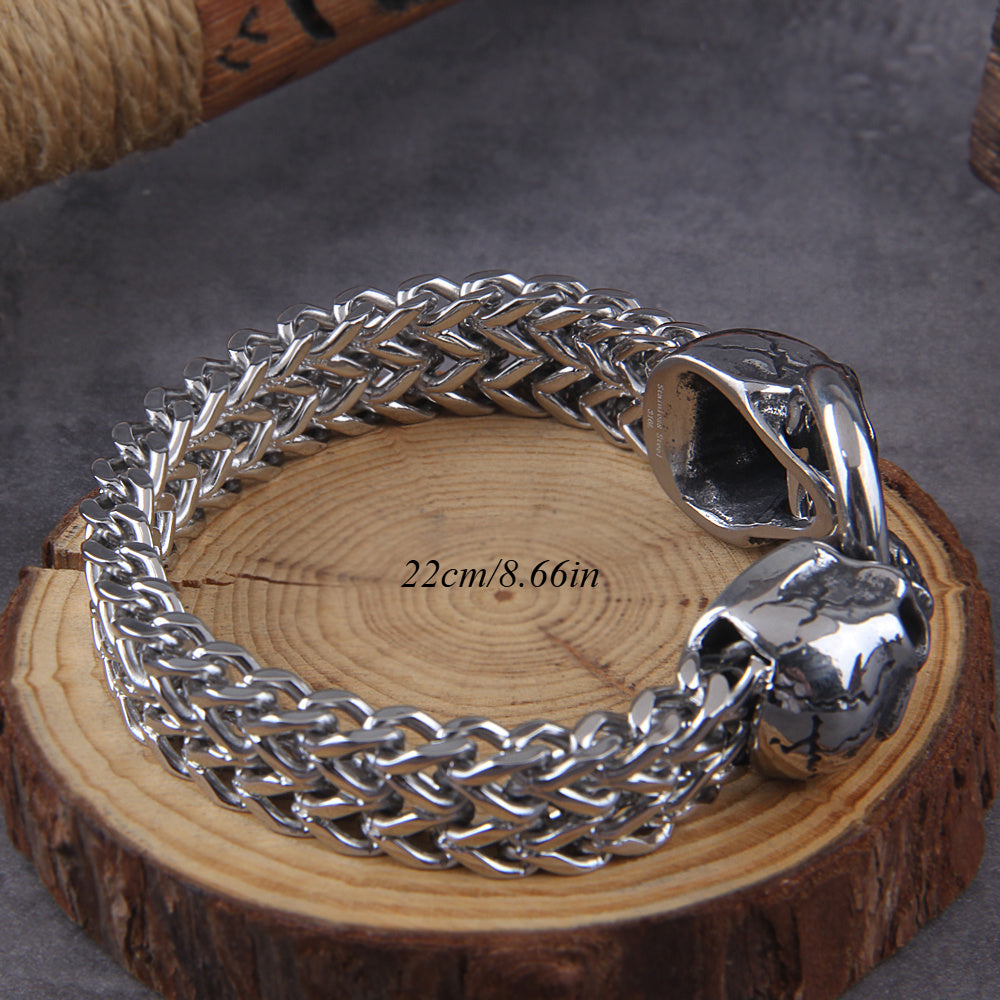 Stainless Steel Nordic Double Wolf Head Bracelet Men's Retro Punk Mesh Chain Animal Bracelet Hip Hop Rock Trend Jewelry