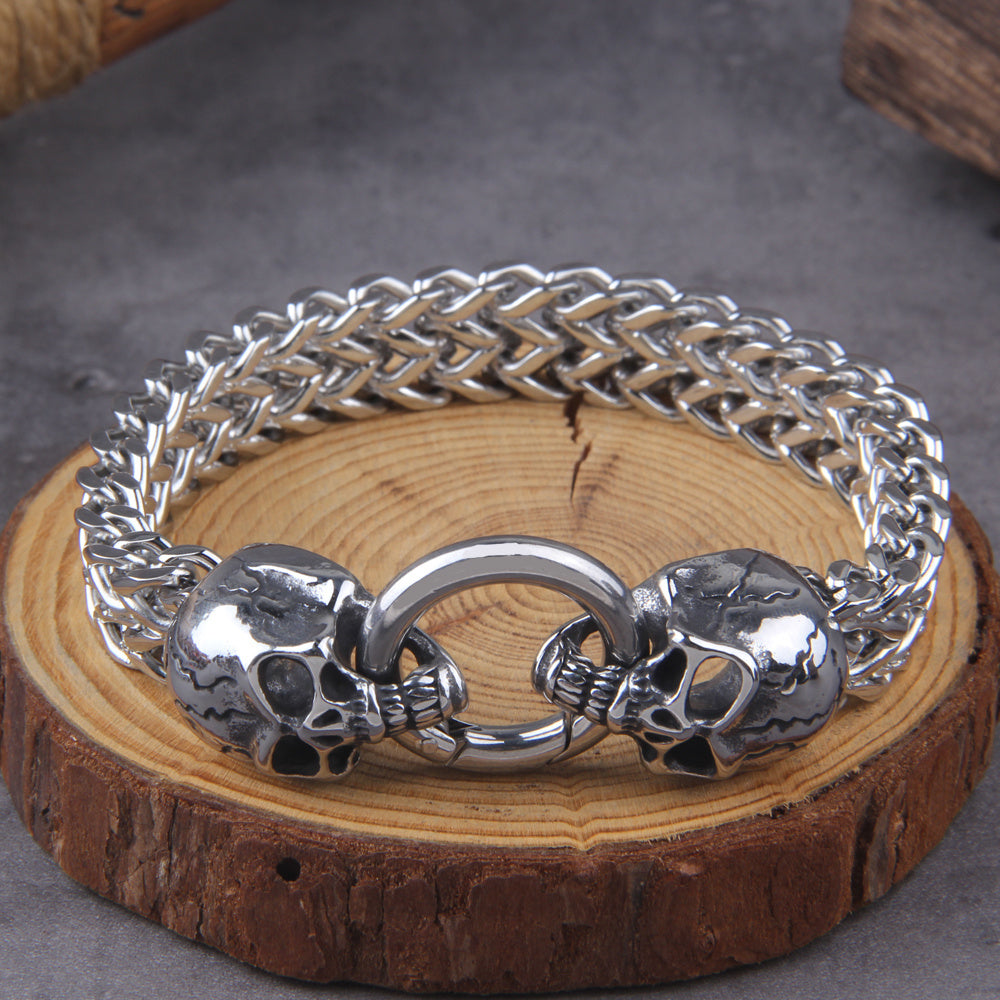 Stainless Steel Nordic Double Wolf Head Bracelet Men's Retro Punk Mesh Chain Animal Bracelet Hip Hop Rock Trend Jewelry