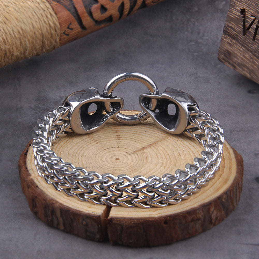 Stainless Steel Nordic Double Wolf Head Bracelet Men's Retro Punk Mesh Chain Animal Bracelet Hip Hop Rock Trend Jewelry