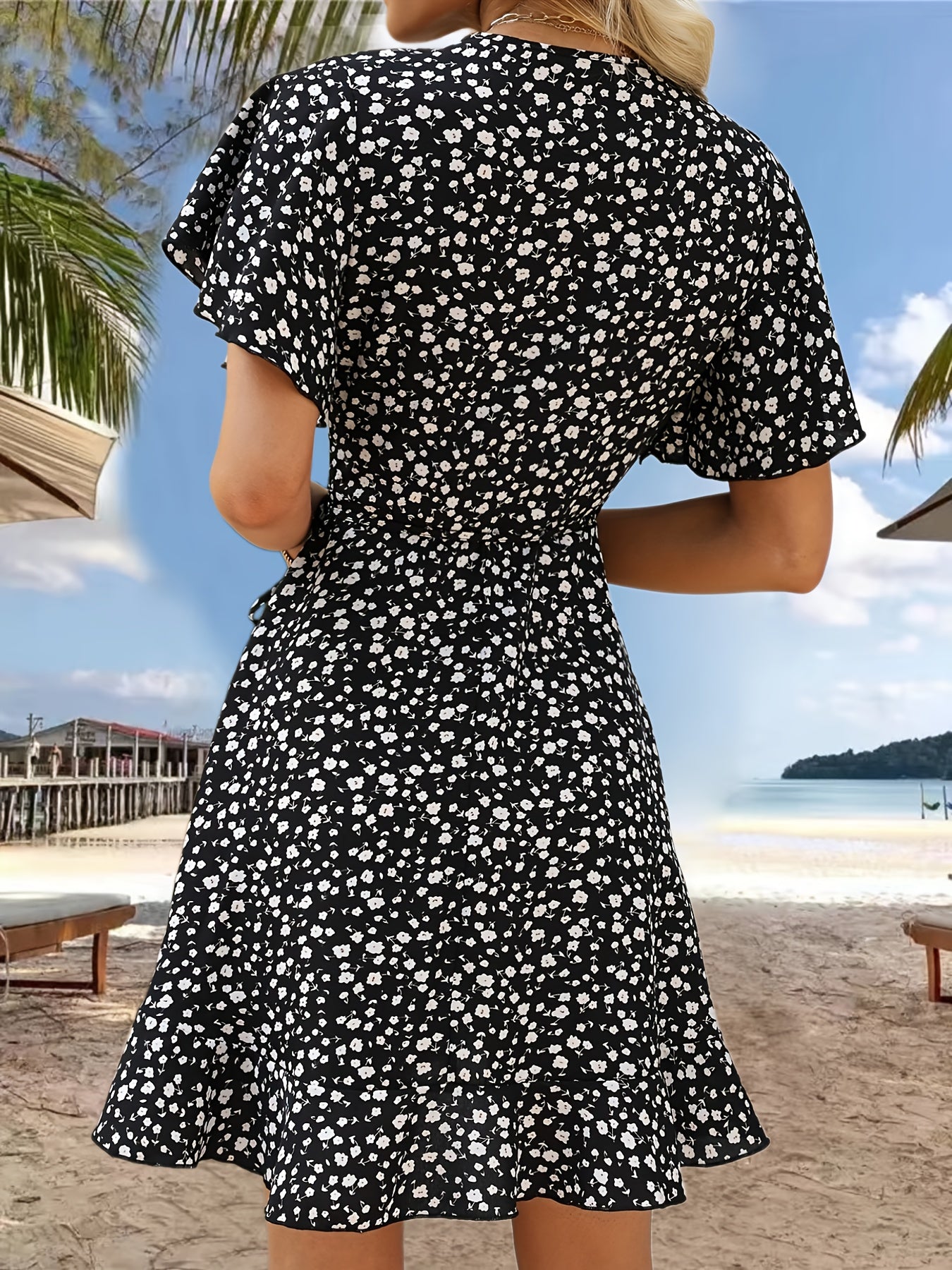 Vibrant Floral Print Ruffle Hem Wrap Dress - Short Sleeve, V-Neck, Sexy, Flowy, Spring & Summer Essential - Women's Clothing for Chic Ladies