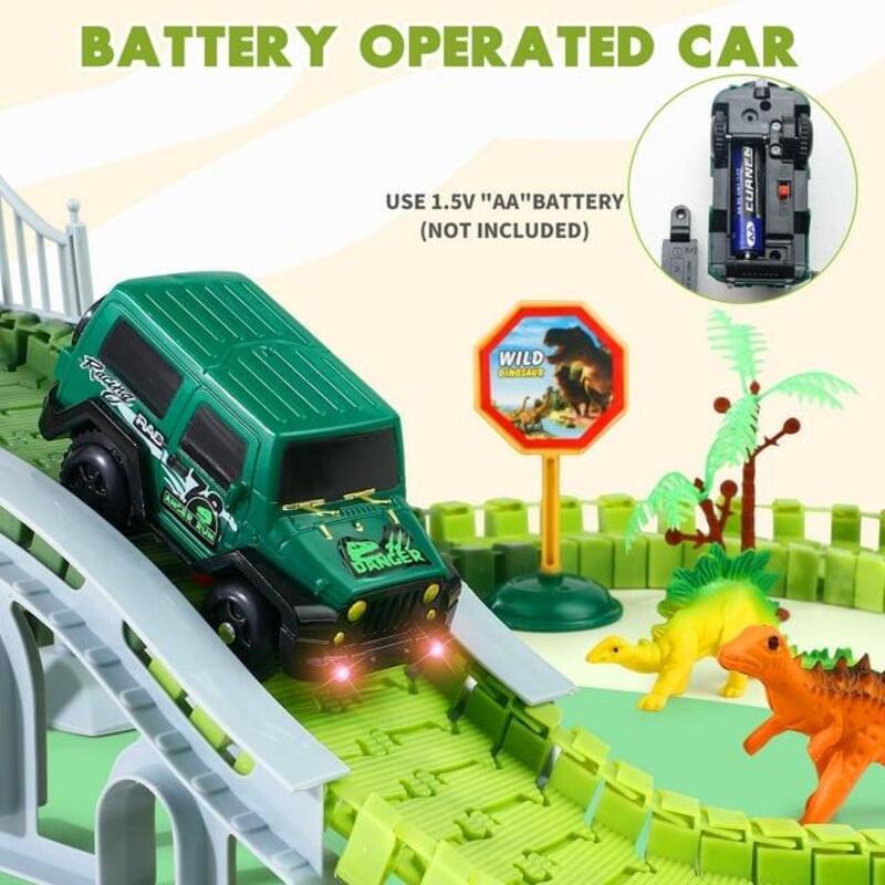 Dinosaur Toys Race Car Track with Glow-in-the-Dark Stickers Vehicle Playsets, 215 PCS Road Toys for Boys, Best Gift