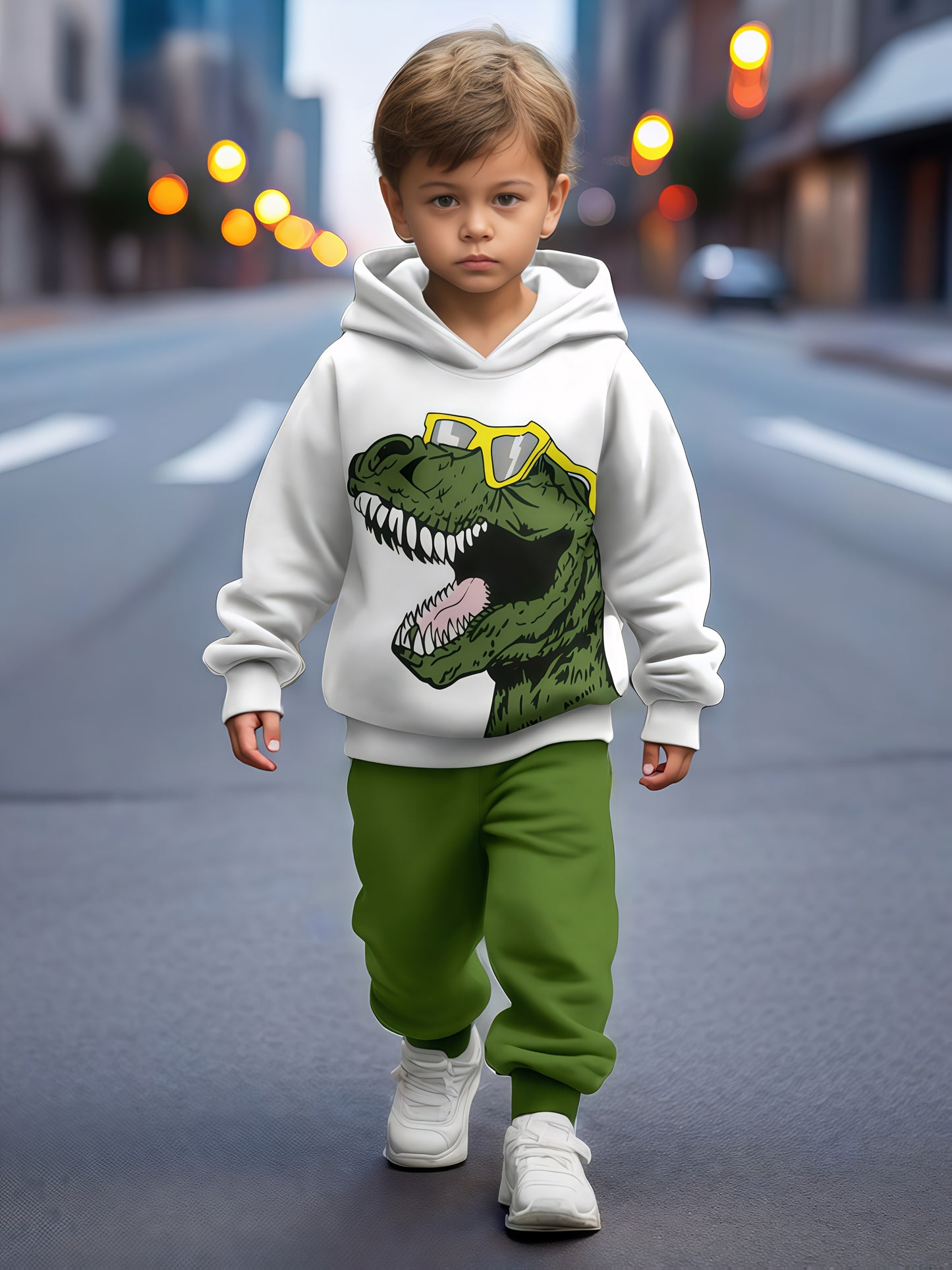 2pcs boy's cartoon dinosaur print sweatshirt sports suit, hooded sweatshirt + jogging pants sports Youngsters's clothing gift. Comfortable fabric, spring and autumn season, 2pcs sports sweatshirt set. Suitable for outdoor use