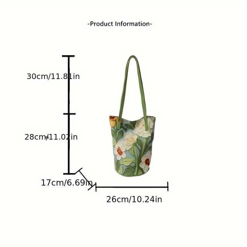 Floral Oxford Cloth Bucket Bag for Women - Stylish Summer Handbag with Oil Painting Flower Design, Large Capacity, Green/Blue/Black, Perfect for Casual Outings, Ladies Handbags