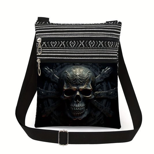 Stylish Skull Print Crossbody Bag with Adjustable Black & White Striped Strap - Durable Polyester, Handwash/Dry Clean, Ideal for Daily Commute, Small Crossbody Bag