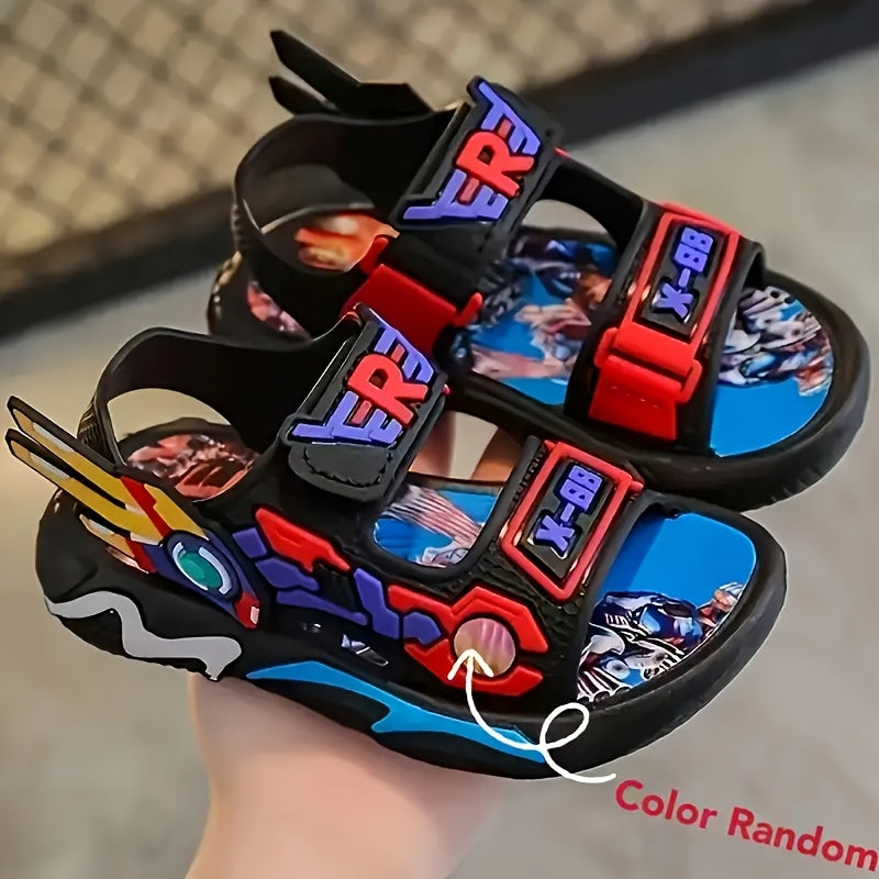 Boys' Cartoon Mecha Sandals - Vibrant & Comfortable, Soft Sole, Easy Hook-and-loop Fastener Strap - Ideal for Beach & Casual Attire - Perfect Christmas Gift for Youngsters