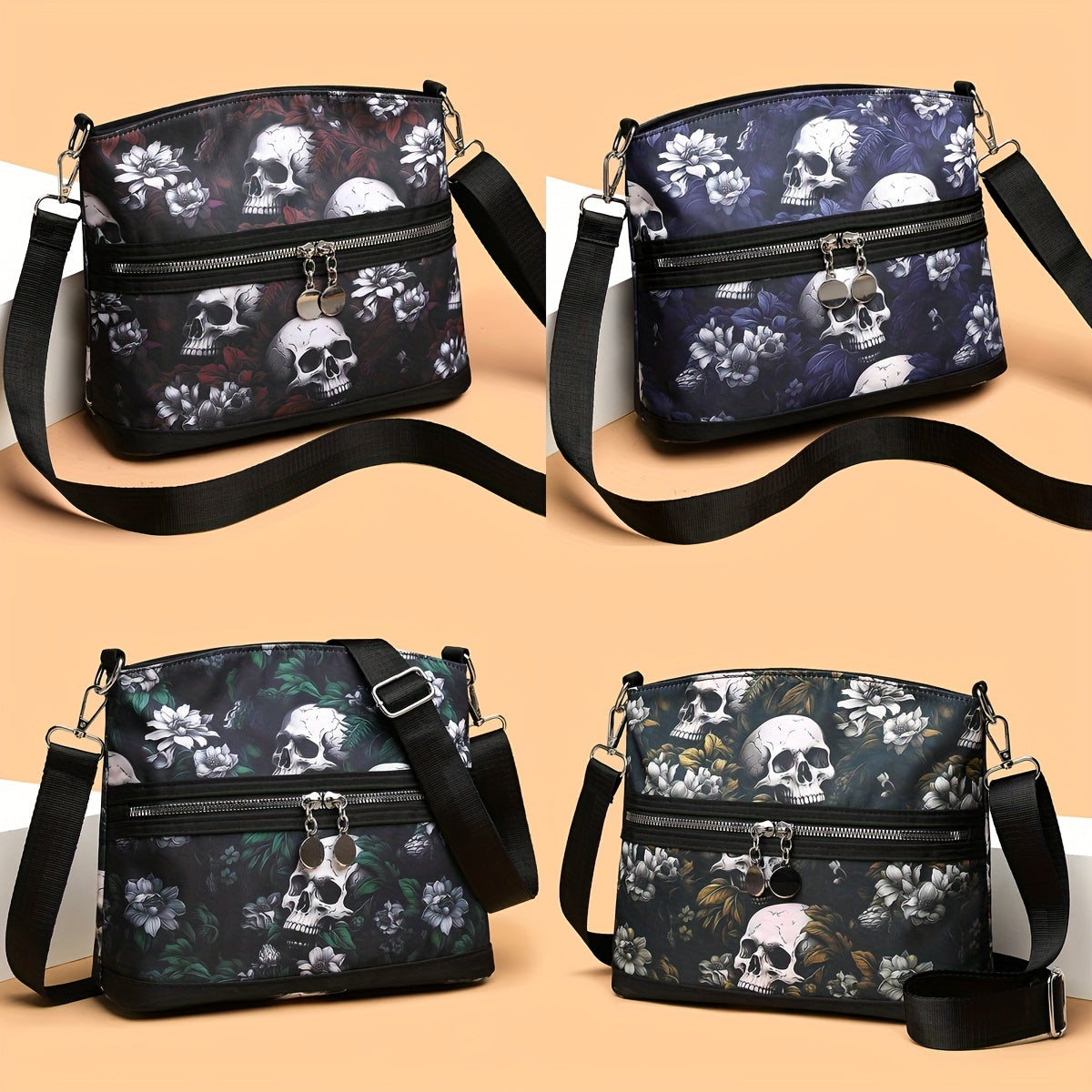 Vibrant Gothic Floral Skull Crossbody Bag - Women's Punk Style Shoulder Bag for Daily Commuter and Work with Adjustable Strap, Multi-Functional Travel Purse, Spacious Interior, and Stylish Design