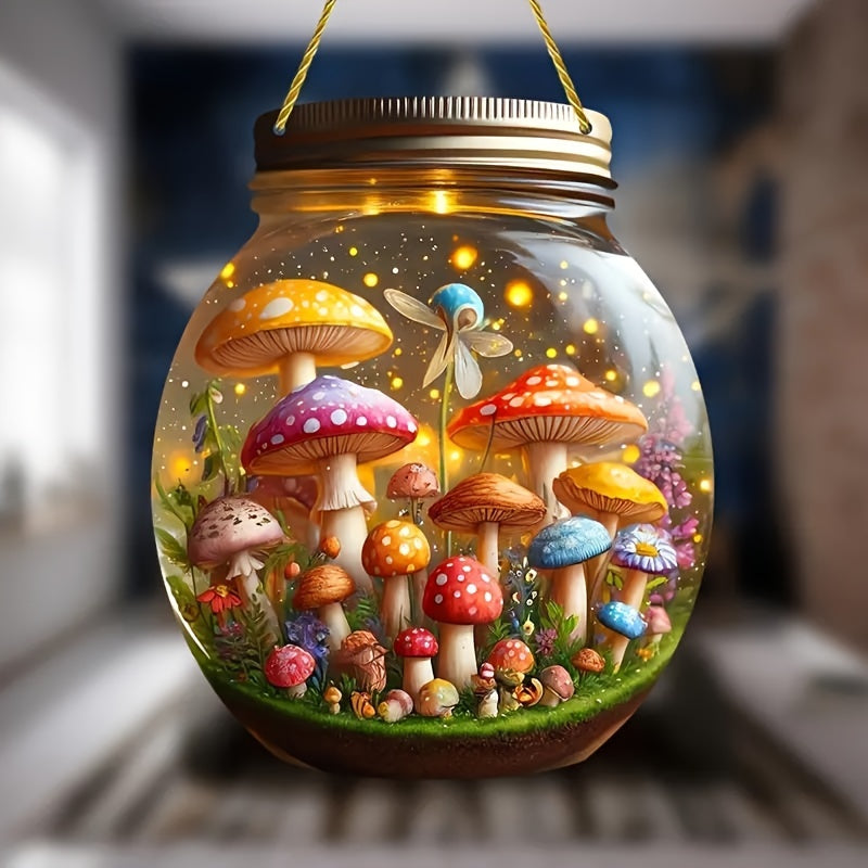 Pastoral-Themed Acrylic Mushroom World Sun Catcher - Mason Jar Design for Bedroom, Living Room and Garden Decor, Contemporary Style, Washable, Battery-Free Operation