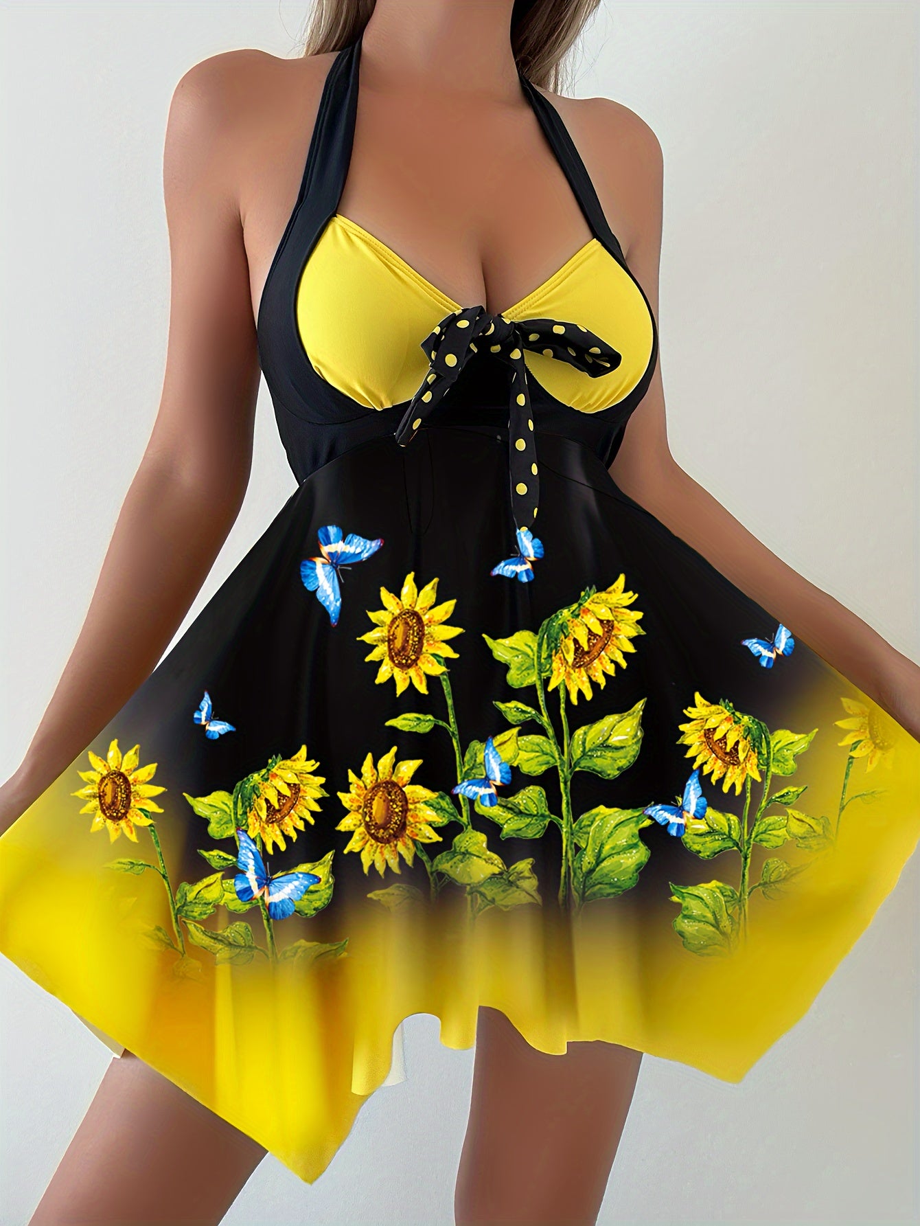 Women's 2 Piece Set Tankini, Sunflower Print And Bow Swim Dress, Dot Print Bottoms, Women's Swimwear & Clothing