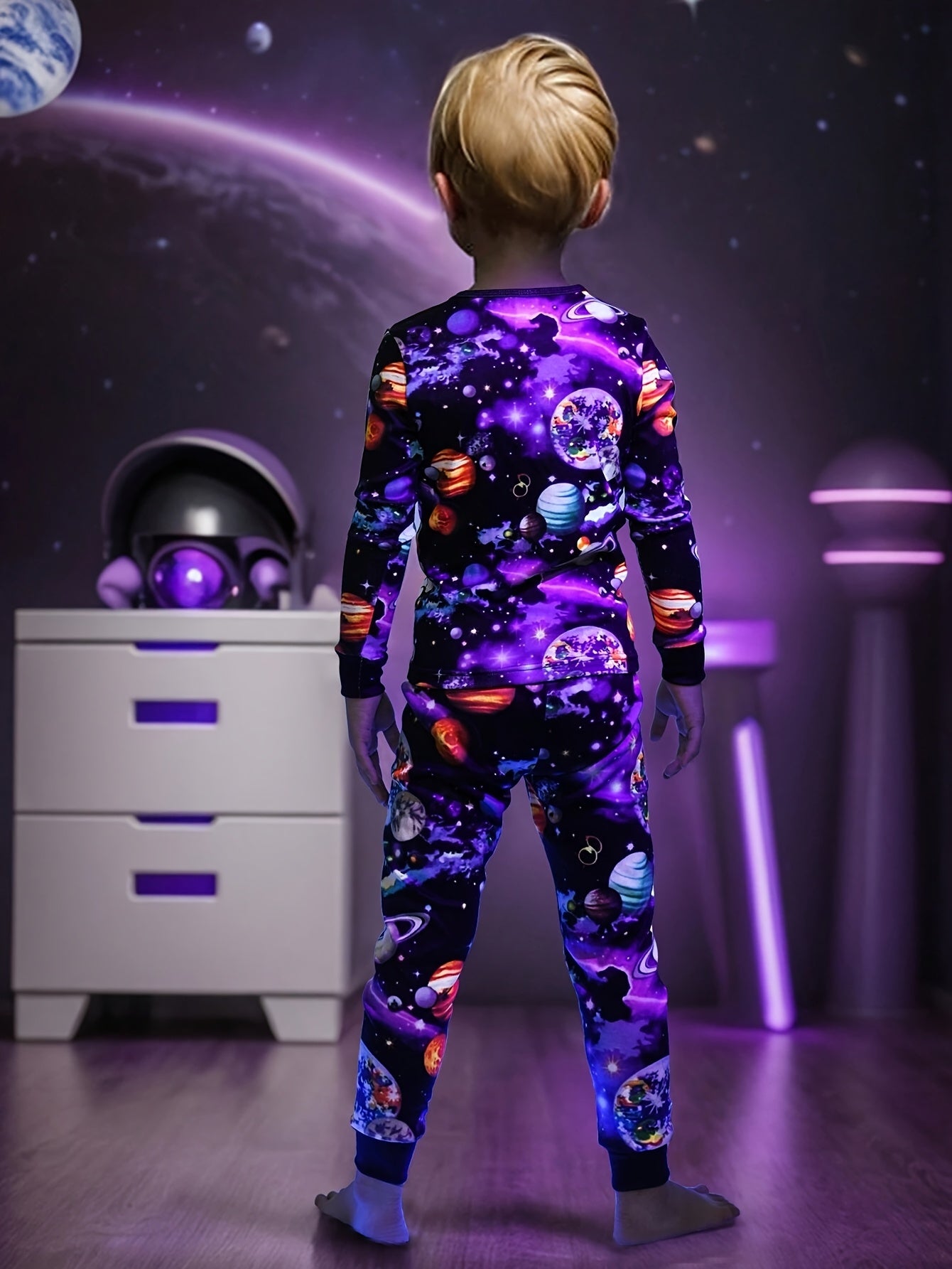 1615 Flame Retardant Men's Youngsters's Luminous Astronaut Print Long Sleeve Long Pants Home Clothes Two-piece Set