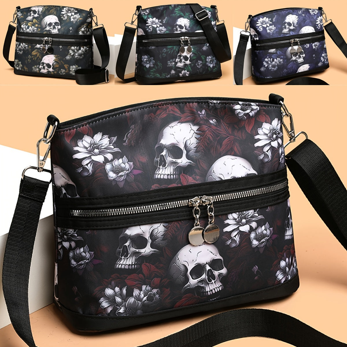 Vibrant Gothic Floral Skull Crossbody Bag - Women's Punk Style Shoulder Bag for Daily Commuter and Work with Adjustable Strap, Multi-Functional Travel Purse, Spacious Interior, and Stylish Design