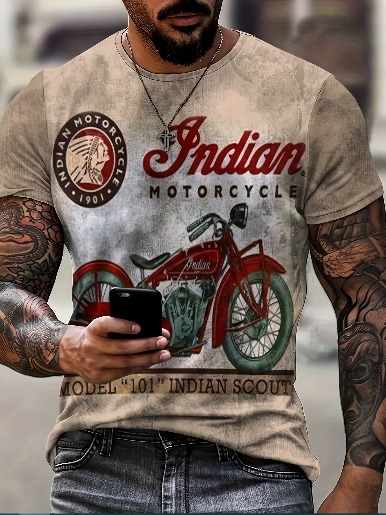 Men's Stylish And Retro Style Motorcycle Pattern And Alphabet Print T-shirt With Crew Neck And Short Sleeve, Fashionable Sports Tops For Summer Outdoors Activities