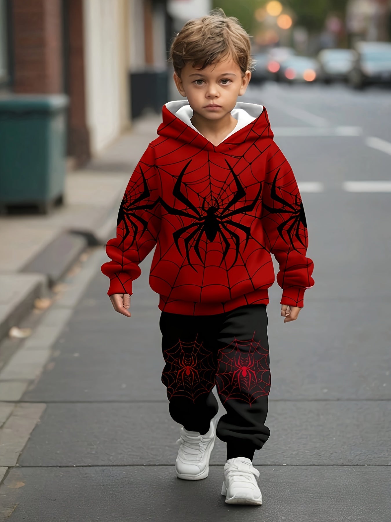 Boys' Spider Print Hoodie & Joggers Set - Cozy Polyester Blend, Machine Washable - Perfect for Fall/Winter, Perfect for Outdoor