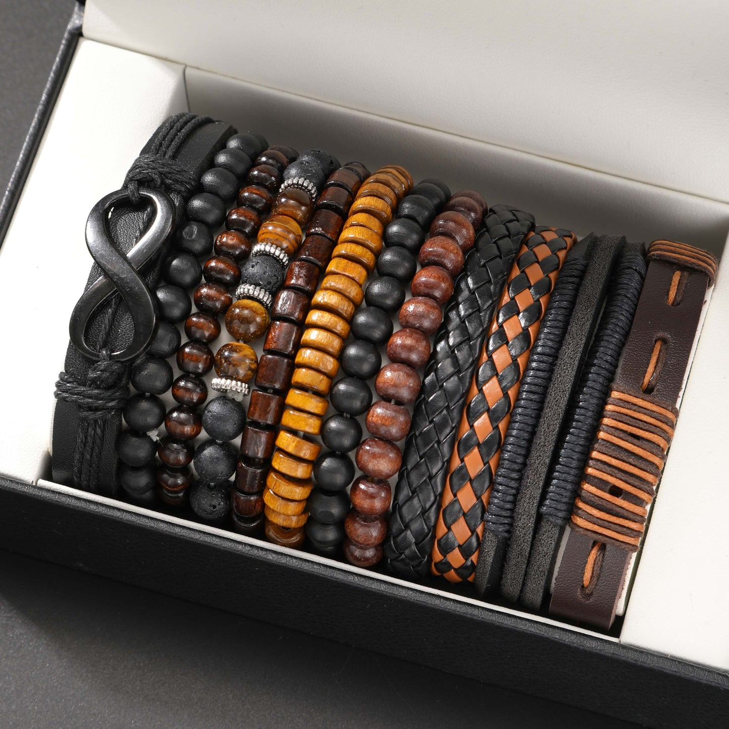 12pcs Vintage Men'S Bracelet Set - Braided Leather, Tiger Eye & Moonstone Beads, Synthetic Fiber Rope, Fashion Jewelry for Casual & Party Wear