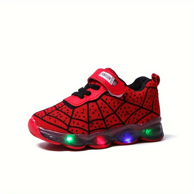 Casual Cool Spider Net Woven Shoes With LED Light For Boys, Breathable Non-slip Sneakers For Walking Running Training