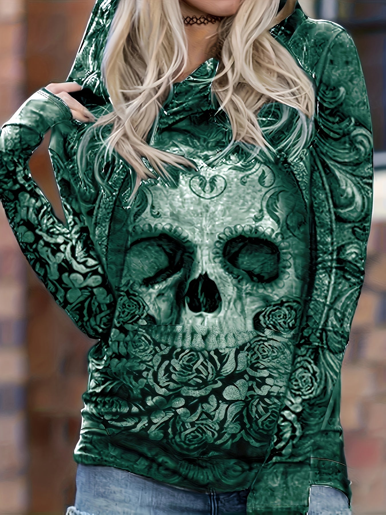 Skull Floral Hoodie - Ultra-Comfortable Casual Design, Long Sleeve for Added Warmth - Perfect for Spring and Fall Seasons, Designed Exclusively for Womens Clothing