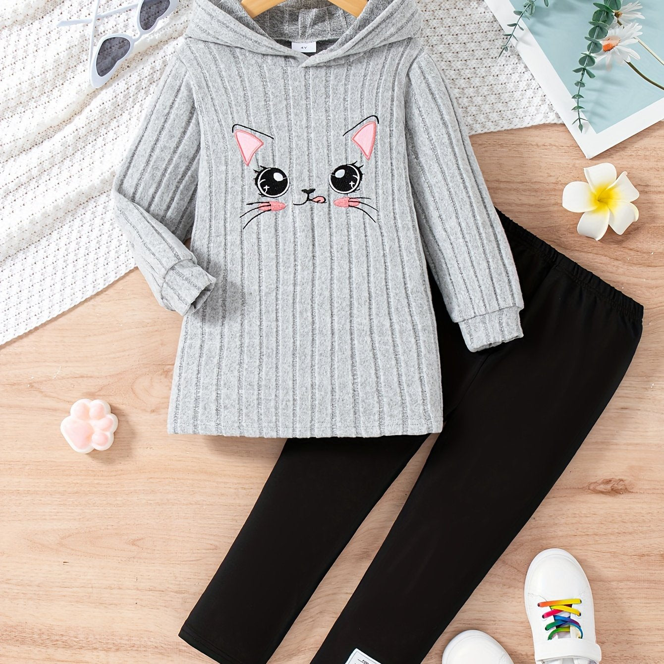 Cartoon Pattern Knit Set For Girls, Long Sleeve Top And Pants, Casual And Comfortable Outfit For Outdoor Activities in Spring And Autumn