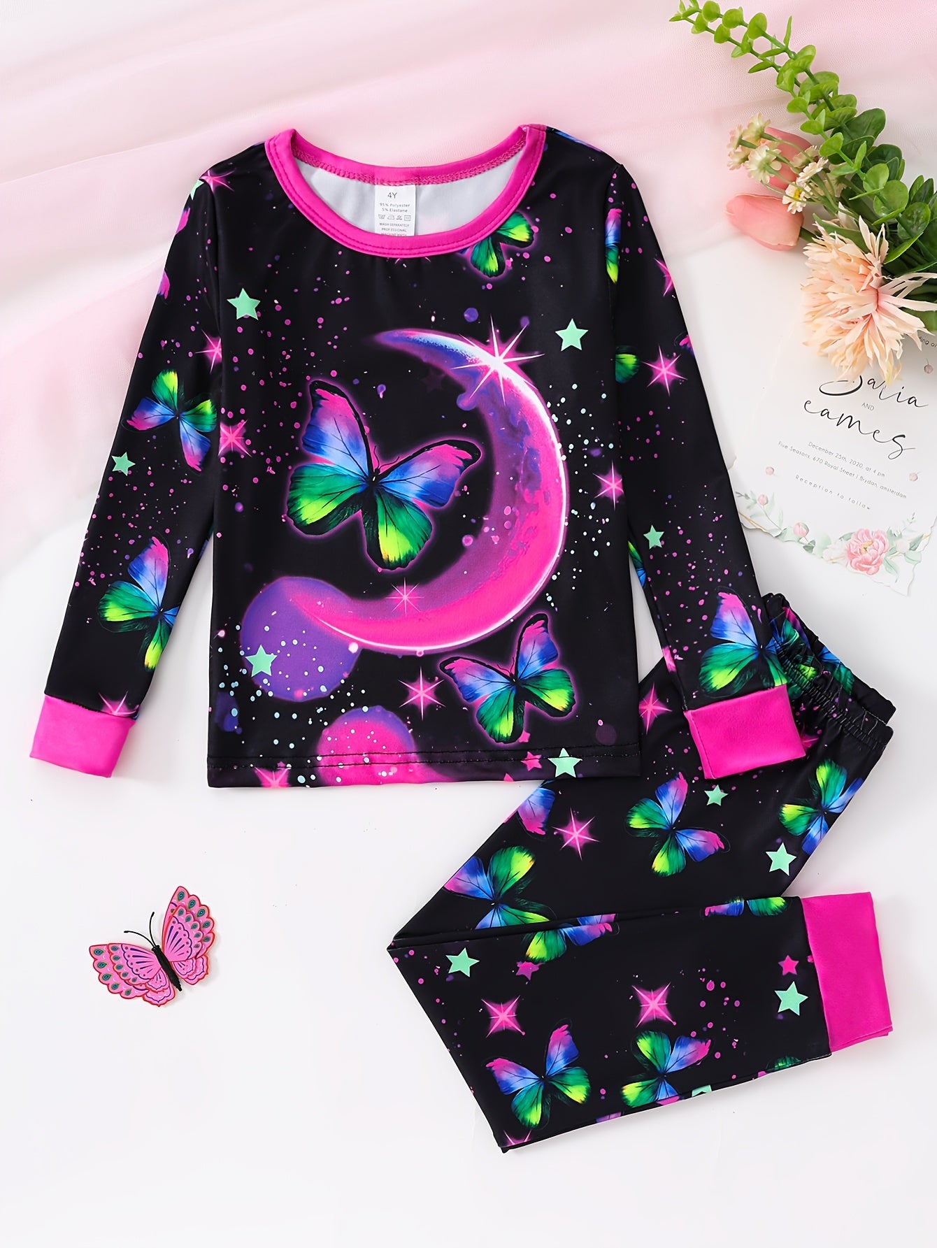 Girls' Starry Night Butterfly Print Pajama Set - Cozy Long Sleeve & Pants, Stretchy Knit Fabric, Machine Washable(uv light shines)