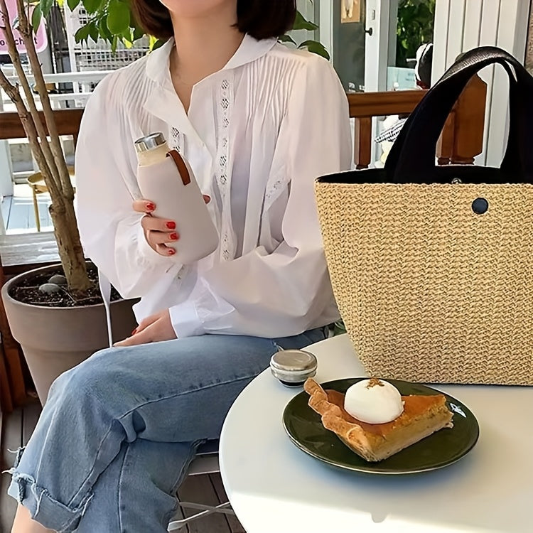 1pc Bohemian Style Large Woven Tote Bag - White Durable Fabric Roomy Beach Bag with Magnetic Closure, Polyester Lining for Outdoor Camping, Summer Adventures & Women's Fashion, Camping Gear Bag | Natural Fashion Tote | Woven