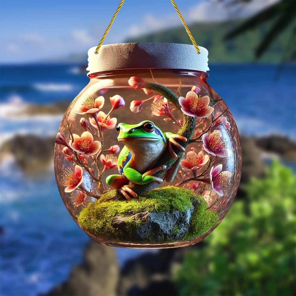 1pc, Frog Glass Jar Suncatcher, Acrylic Bottle Sign, 6.69x7.87in, Stain Window Hanging, Dining Room Decor, Living Room Decor, Bedroom Decor, Living Room Decor, Doorway Decor, Boy Gift, Friend Gift