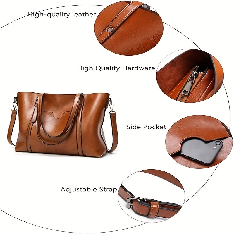 Elegant Brown Waxed Handbag for Women - Chic Single Shoulder Bag with Detachable Strap, Zip Closure & Polished Finish, Purse for Traveling, Ladies Handbag