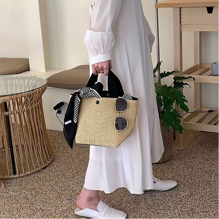 1pc Bohemian Style Large Woven Tote Bag - White Durable Fabric Roomy Beach Bag with Magnetic Closure, Polyester Lining for Outdoor Camping, Summer Adventures & Women's Fashion, Camping Gear Bag | Natural Fashion Tote | Woven