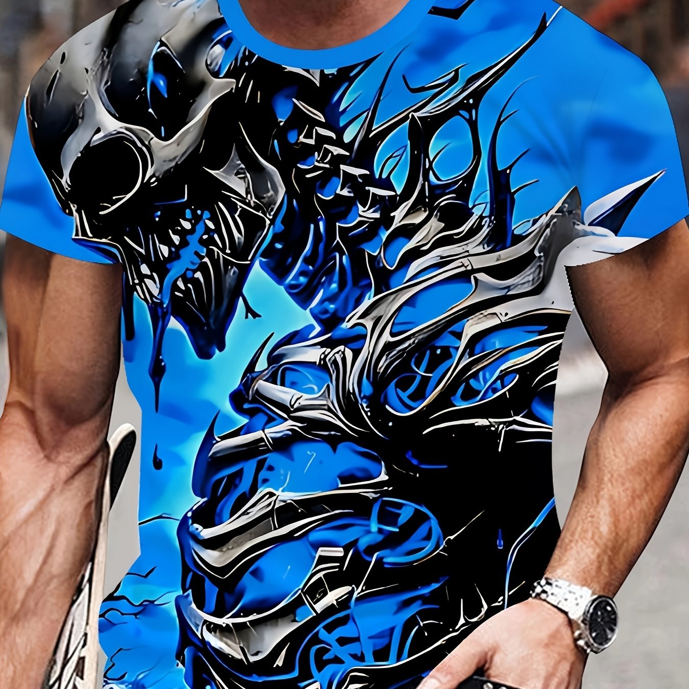 Men's 3D Skull Print T-Shirt, Casual Crew Neck Short Sleeve Tee, 100% Polyester Knit Fabric, Regular Fit Fashion Top