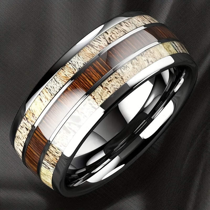 1pc Silvery-Toned Mens Stainless Steel Ring with Authentic Wood GrainInlay - Fashionable Engagement/Wedding Jewelry for Timeless Style