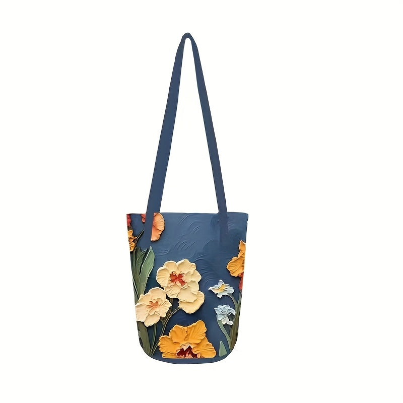 Floral Oxford Cloth Bucket Bag for Women - Stylish Summer Handbag with Oil Painting Flower Design, Large Capacity, Green/Blue/Black, Perfect for Casual Outings, Ladies Handbags