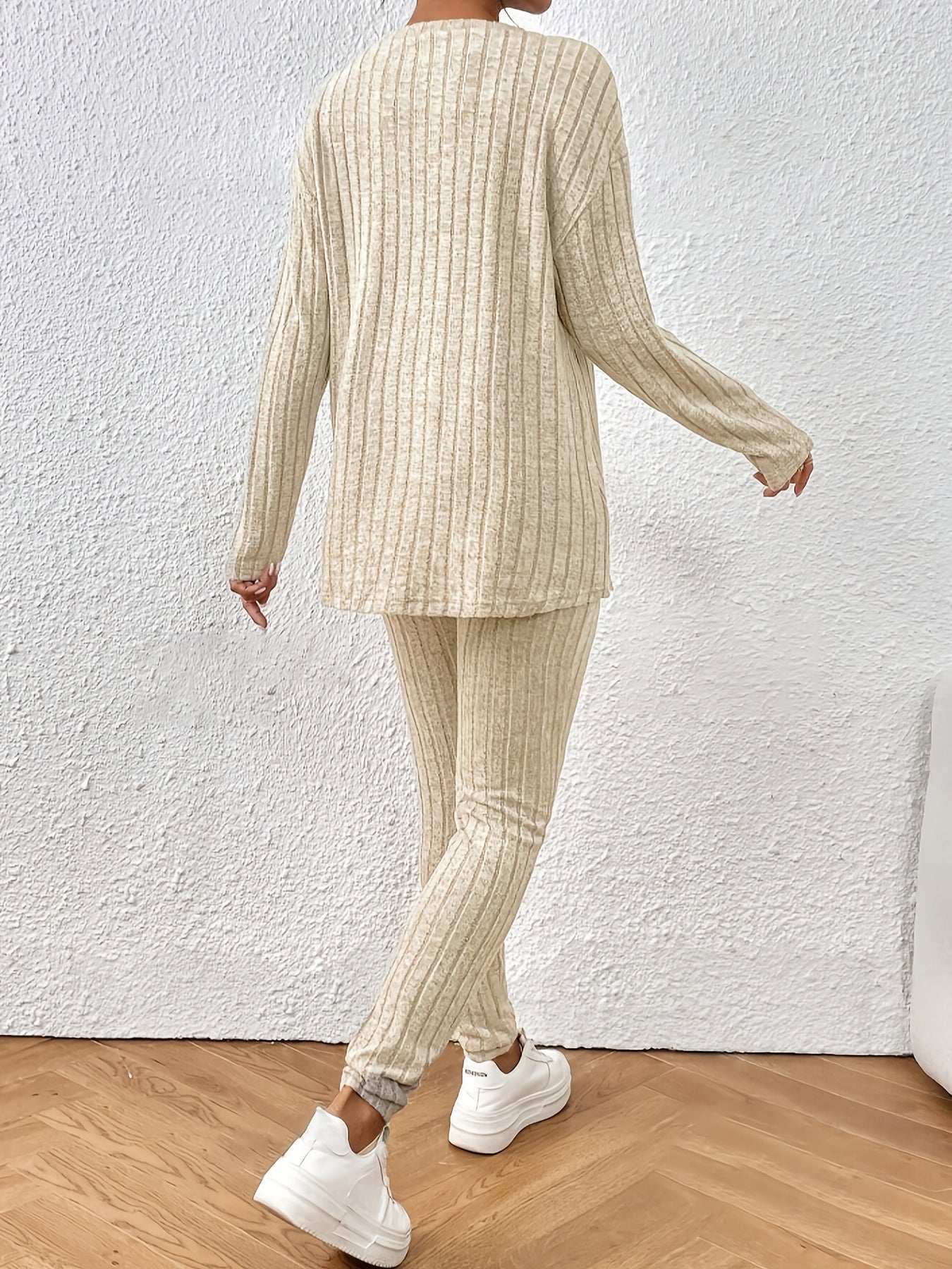 Women'S Fall/Winter Knit Pajama Set, Solid Color Polyester 100% Long Sleeve Crew Neck Loose Fit Vacation Style Pullovers with Pants, Comfortable V-Neck Lounge Suit