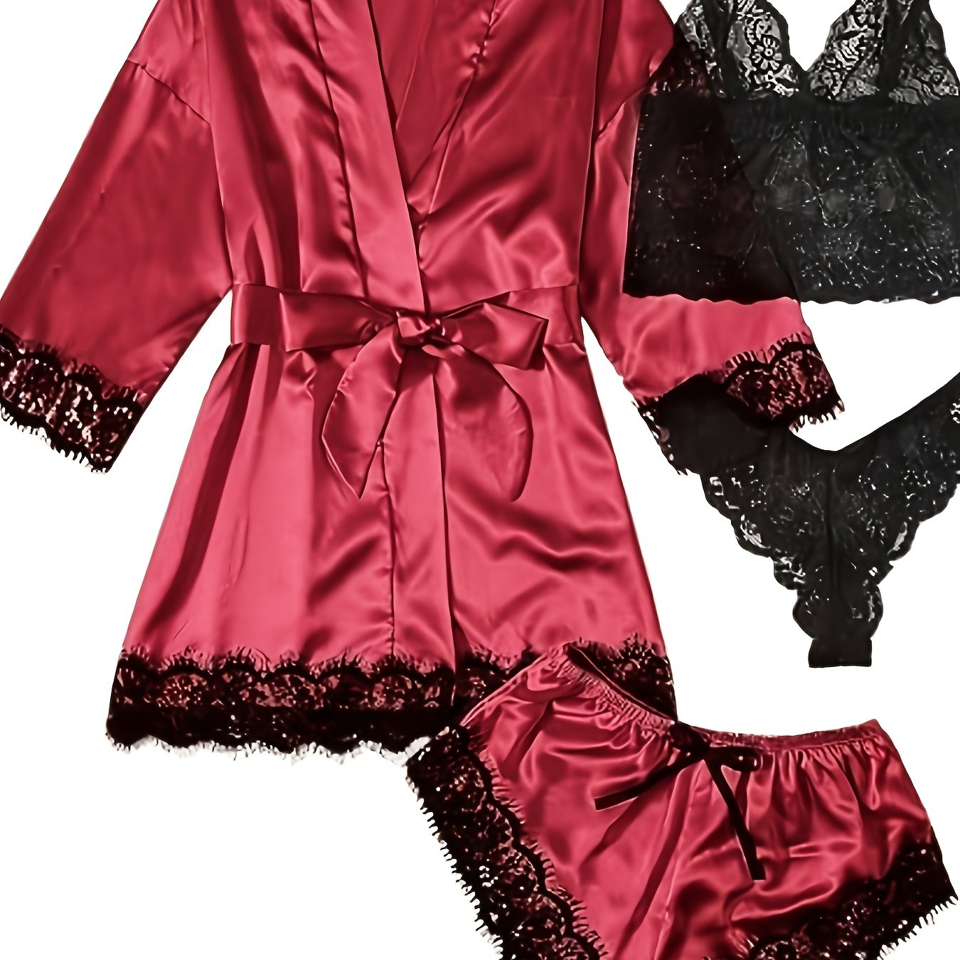 Women' Silk Satin Pajamas Set 4pcs Lingerie Floral Lace Cami Sleepwear with Robe Four-piece Pajamas Sexy Plus Size Robe Overall Dress Set Homewear