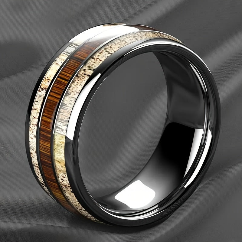 1pc Silvery-Toned Mens Stainless Steel Ring with Authentic Wood GrainInlay - Fashionable Engagement/Wedding Jewelry for Timeless Style