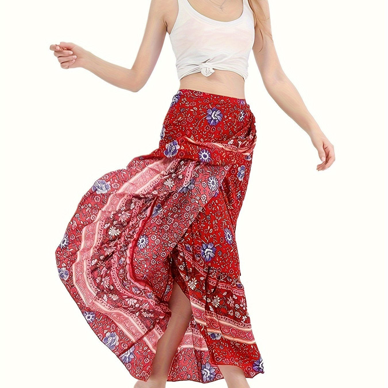 [Boho Print Maxi Skirt] High Waist Boho Print Maxi Skirt - Asymmetric Hem Side Wrap Long Skirt for Women