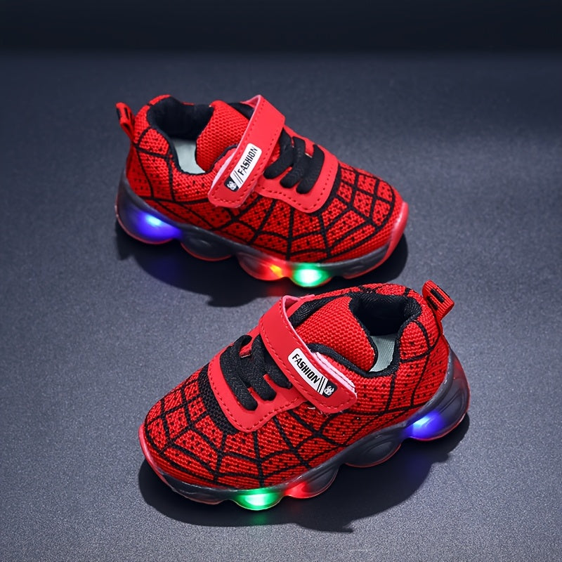 Casual Cool Spider Net Woven Shoes With LED Light For Boys, Breathable Non-slip Sneakers For Walking Running Training